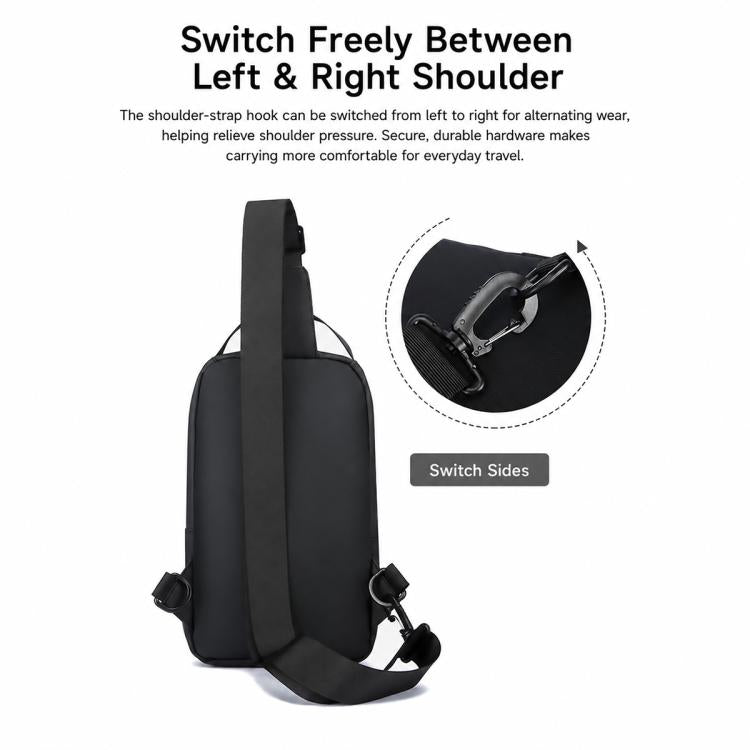 Black crossbody chest bag showing adjustable side-carrying strap and front pocket