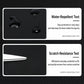 Black woven fabric swatch with water-repellent and scratch-resistance test graphics