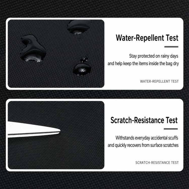 Black woven fabric swatch with water-repellent and scratch-resistance test graphics