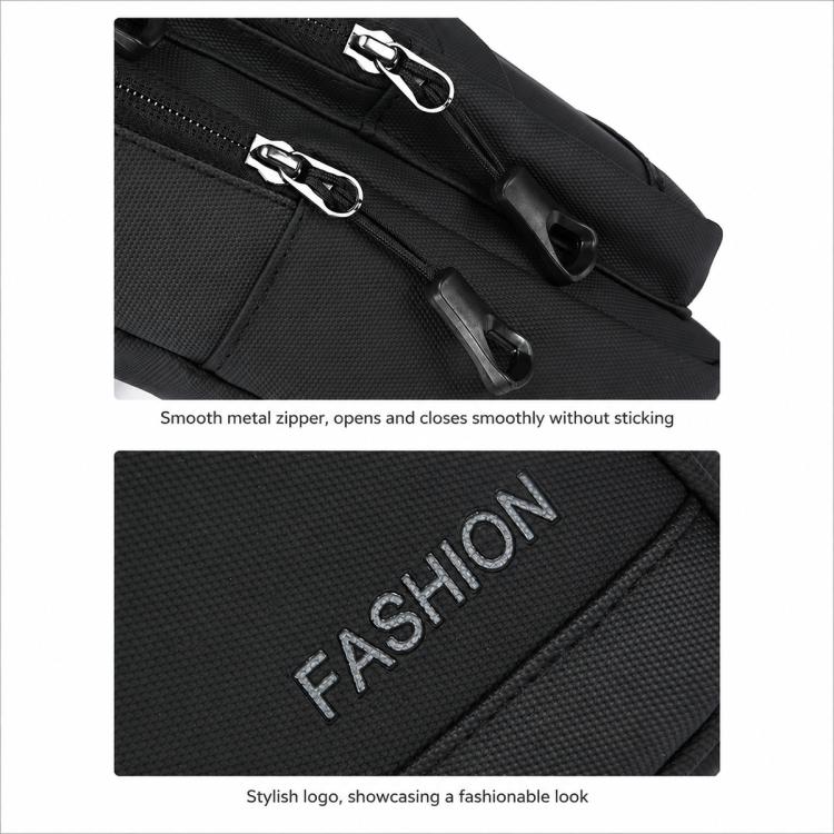 Black crossbody chest bag close-up: smooth zippers, metal rings, embossed Fashion logo