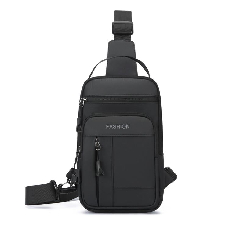 Men's black crossbody chest bag with top carry handle, front pockets, and zipper closures