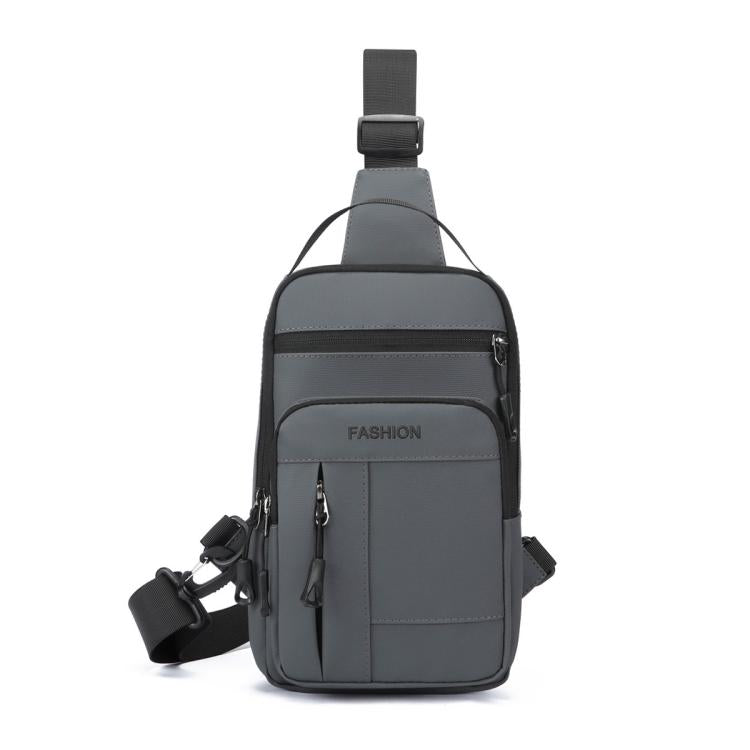 Men's dark gray crossbody chest bag with adjustable strap and front zipper compartments