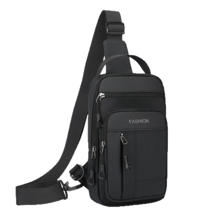 Men's black chest crossbody bag with adjustable shoulder strap and multiple front zippers