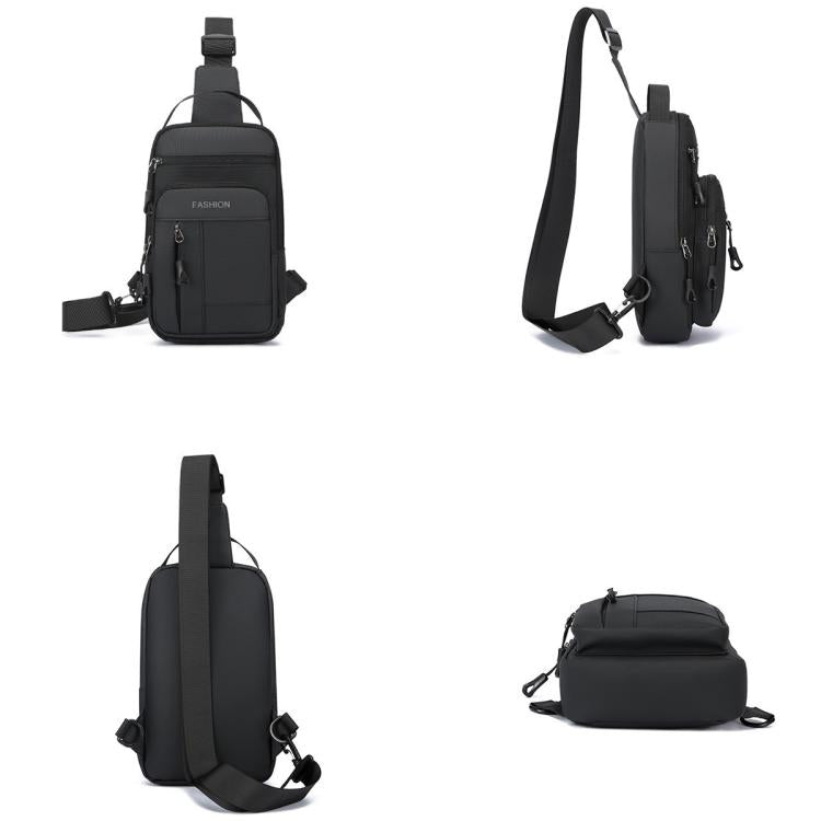 Men's black chest crossbody bag shown in multiple angles with adjustable strap