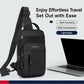 Men's black crossbody chest bag with curved shoulder strap and front zipper pocket