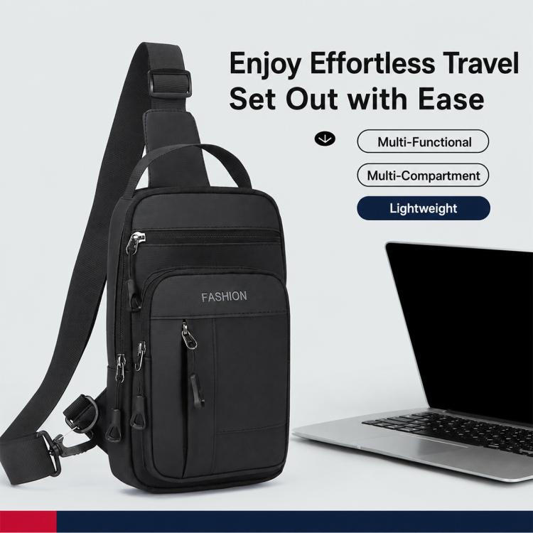Men's black crossbody chest bag with curved shoulder strap and front zipper pocket