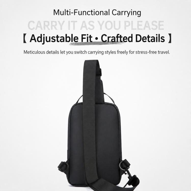 Men's black chest crossbody bag with adjustable strap and slim side profile