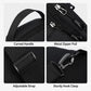 Chest bag hardware close-up: adjustable strap, metal zipper pulls, and sturdy hook clasp