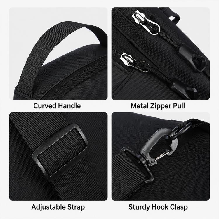Chest bag hardware close-up: adjustable strap, metal zipper pulls, and sturdy hook clasp