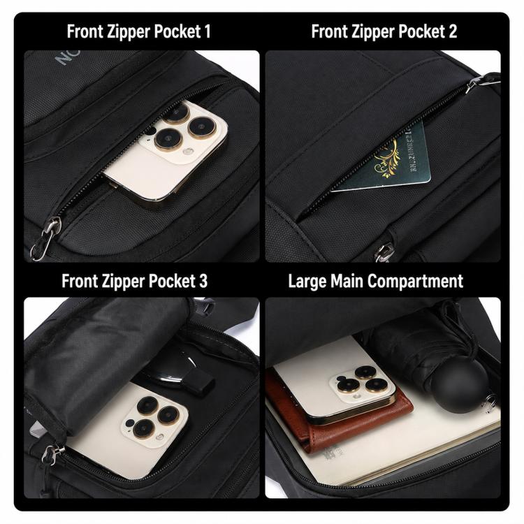 Chest bag interior with front zipper pockets and a large main compartment for essentials