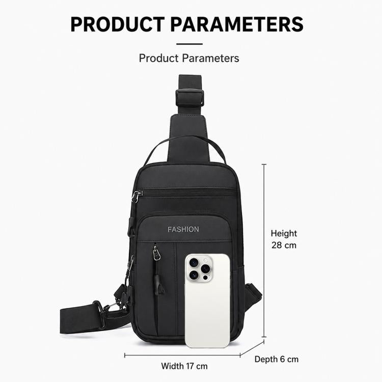 Men's black chest crossbody bag with adjustable strap and front pocket fit for smartphone