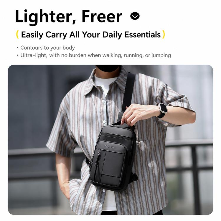 Men's black crossbody chest bag with adjustable shoulder strap and front zipper
