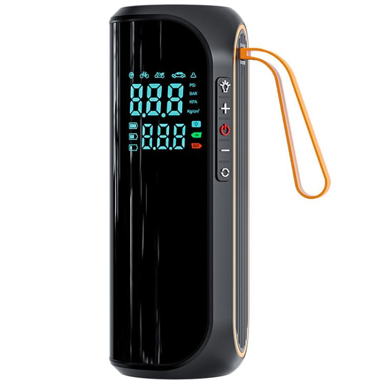 Black electric car tire inflator with curved digital display and orange carrying handle