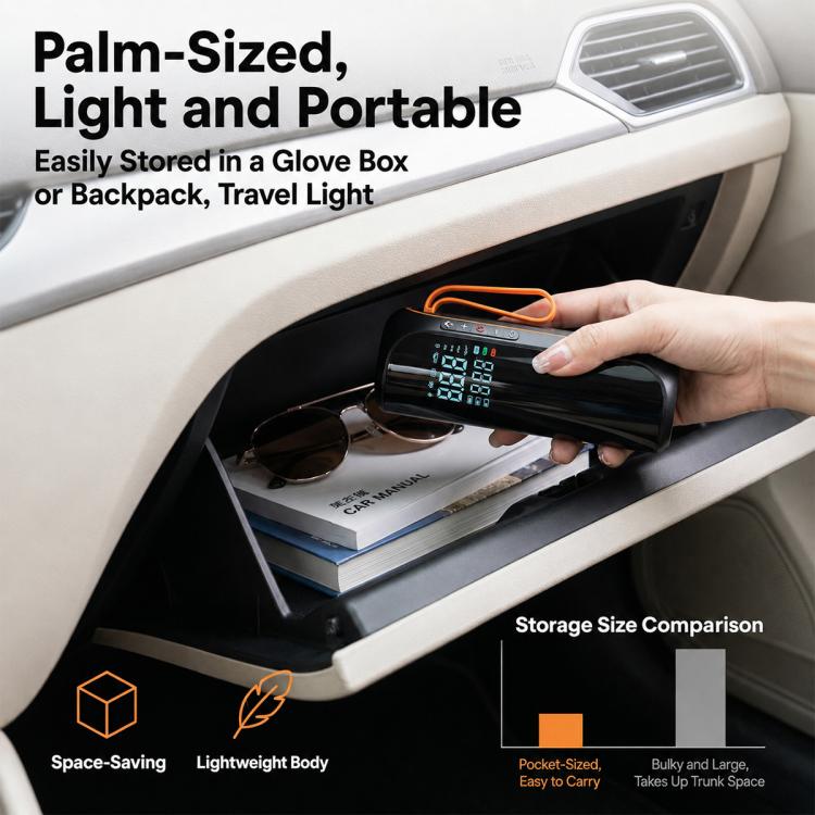 Car tire inflator air pump with digital dual-screen display; small orange lanyard, for storage