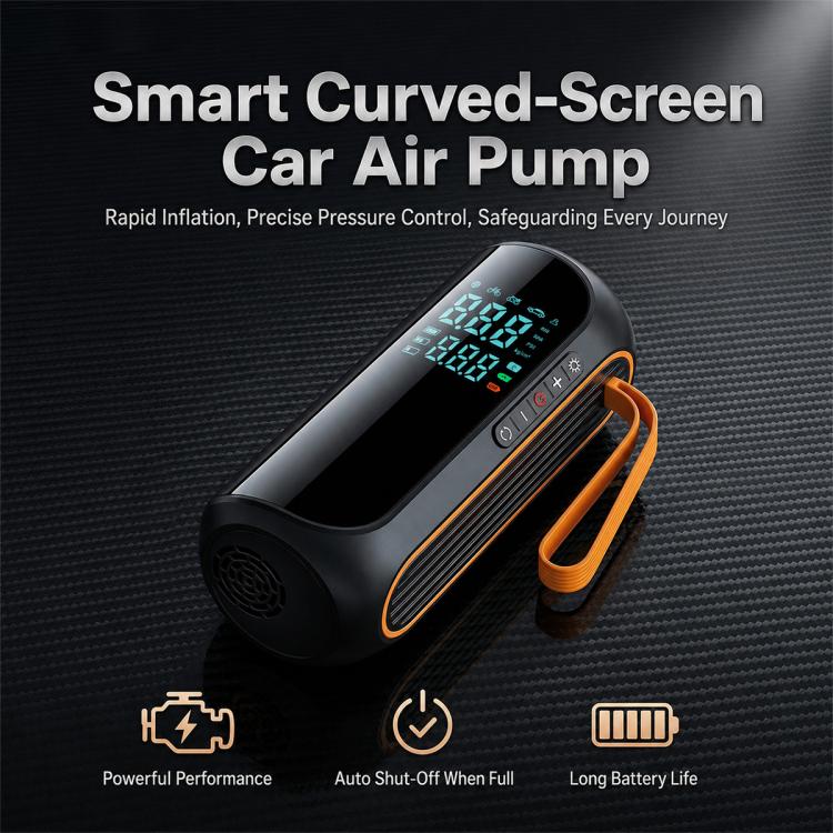 Black smart curved-screen car air pump with orange handle and built-in digital display