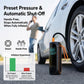 Black tire inflator with LED display and orange handle, preset pressure and auto shut-off controls