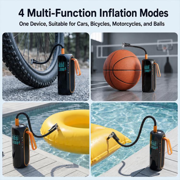 Black inflator with orange handle and digital display for multi-function inflation modes