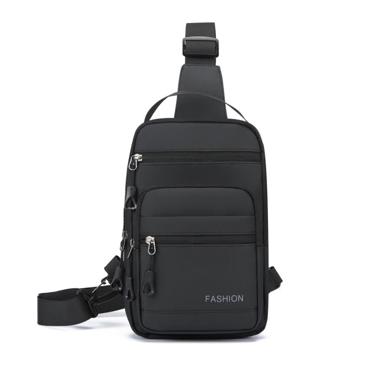Black crossbody chest bag with top handle strap, front zip pocket, and adjustable webbing strap