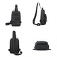 Black chest sling bag shown from multiple angles with zipper front pockets and adjustable strap