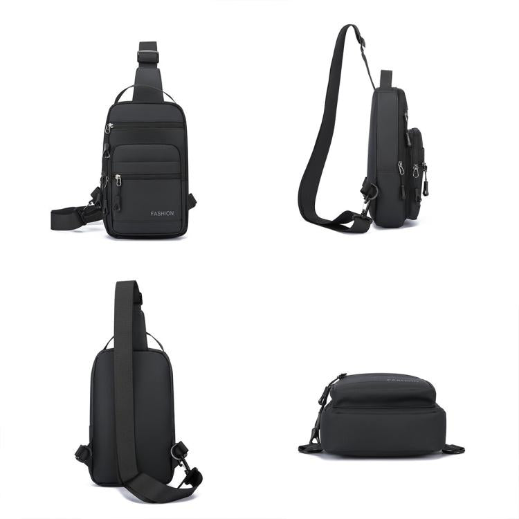 Black chest sling bag shown from multiple angles with zipper front pockets and adjustable strap