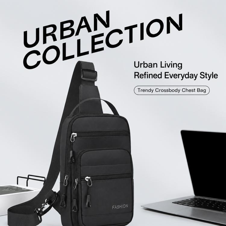 Black crossbody chest bag with front zipper pockets and adjustable shoulder strap