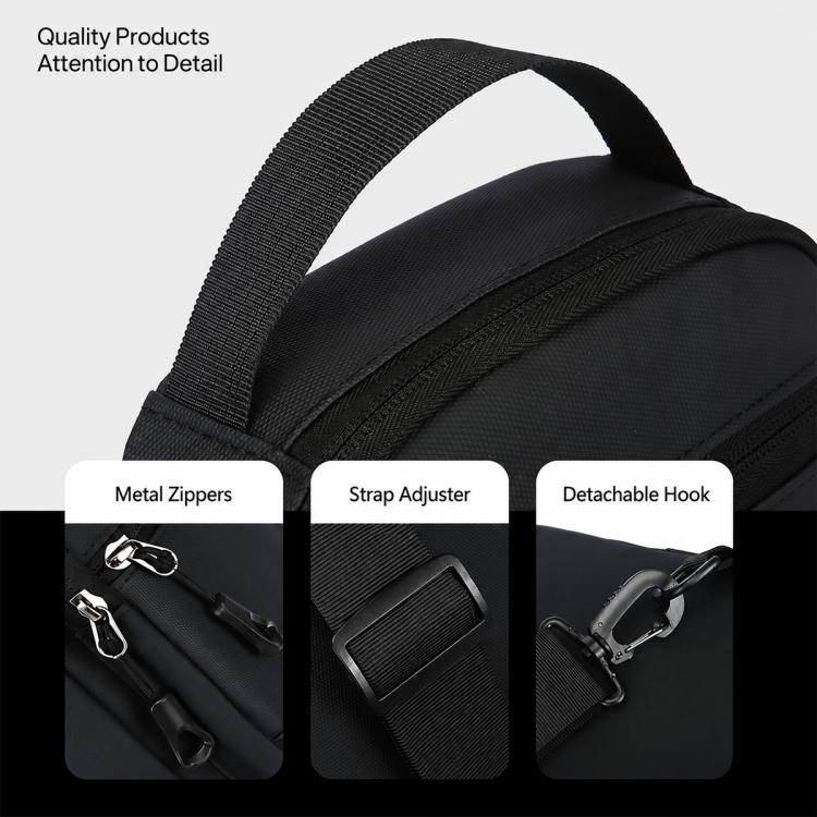 Black crossbody chest bag detail showing metal zippers, strap adjuster, and detachable hook