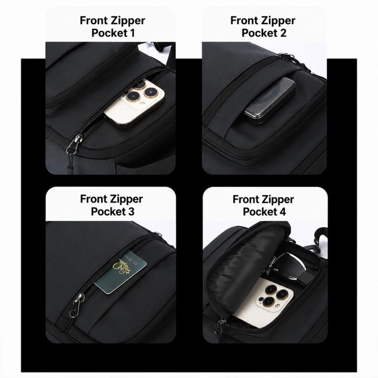 Black crossbody chest bag front zipper pockets with interior compartments for small items