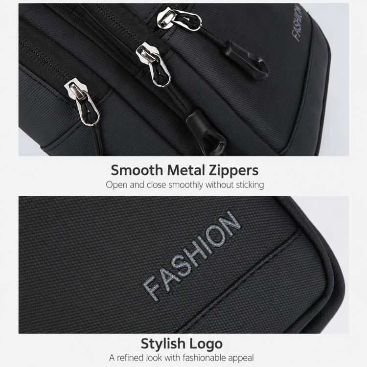 Black crossbody chest bag close-up of smooth metal zippers and stitched logo patch