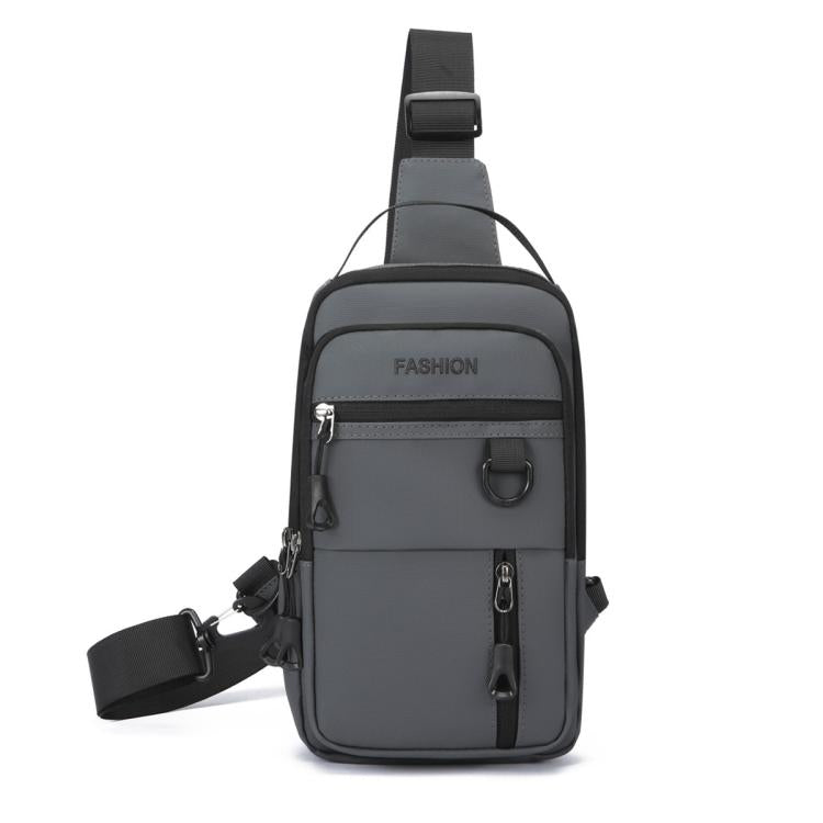 Grey men crossbody chest bag with adjustable strap and front zip pockets