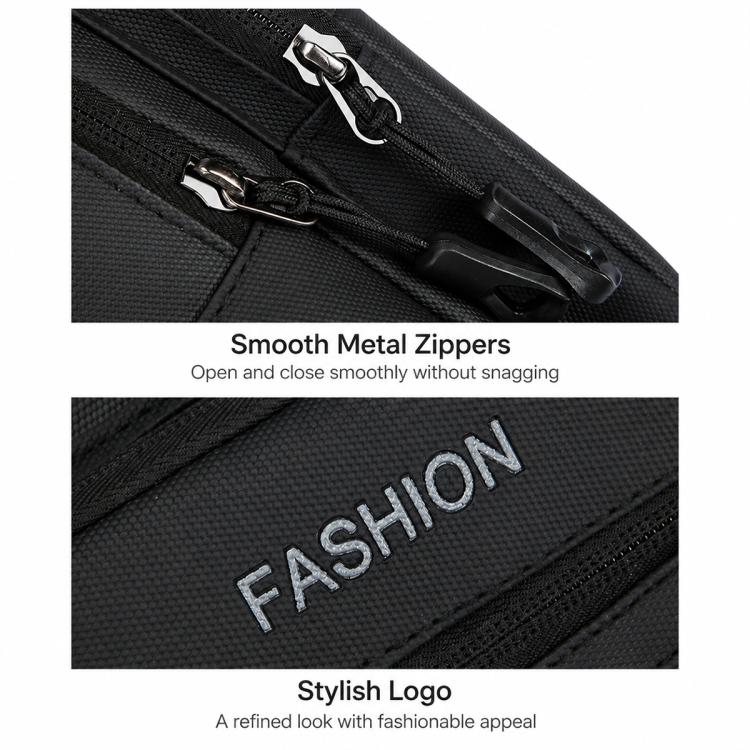 Black crossbody bag close-up of metal zippers and logo patch detail