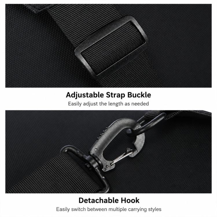 Black crossbody strap buckle and detachable hook hardware for adjusting fit