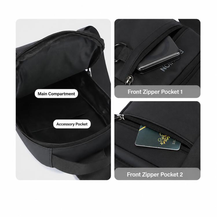 Black crossbody bag interior with main compartment and two front zipper pockets