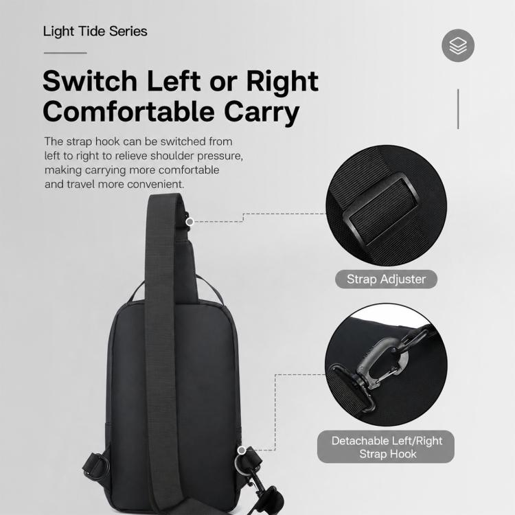 Men's black crossbody chest bag with front zipper pocket and adjustable shoulder strap