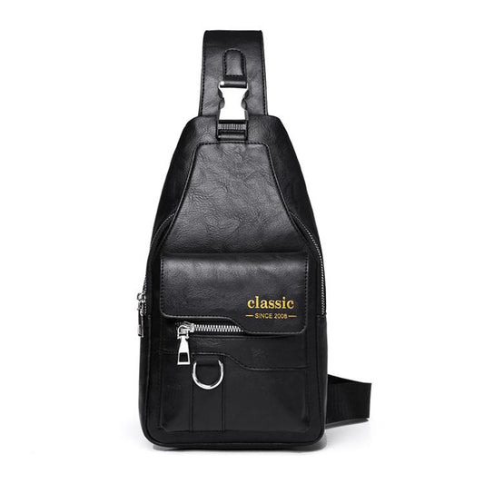 Black vintage PU leather sling bag with top handle, front zipper pocket, and adjustable strap