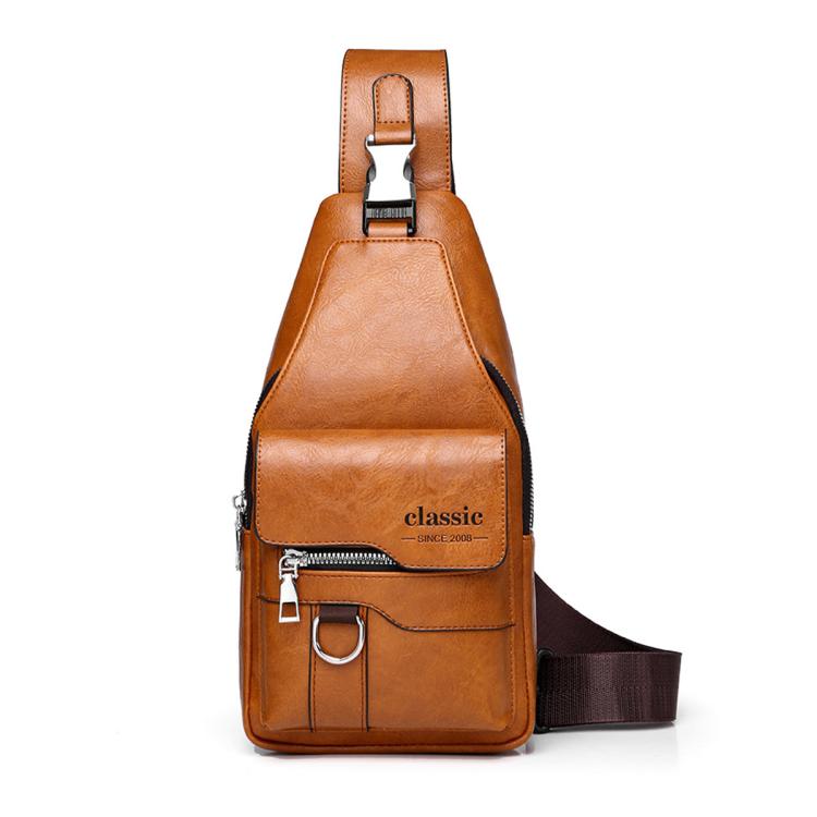 Light brown vintage PU leather sling bag with top handle, front zipper pocket, and shoulder strap