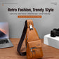 Tan PU leather sling bag with front zipper pocket, top handle, and adjustable crossbody strap