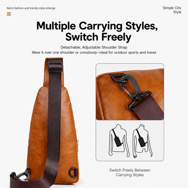Tan PU leather sling bag with adjustable strap buckle and top carry handle