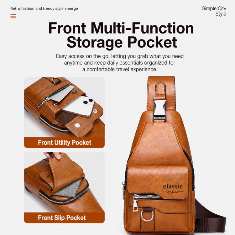 Tan PU leather sling bag with front utility pocket, small top handle, and crossbody strap