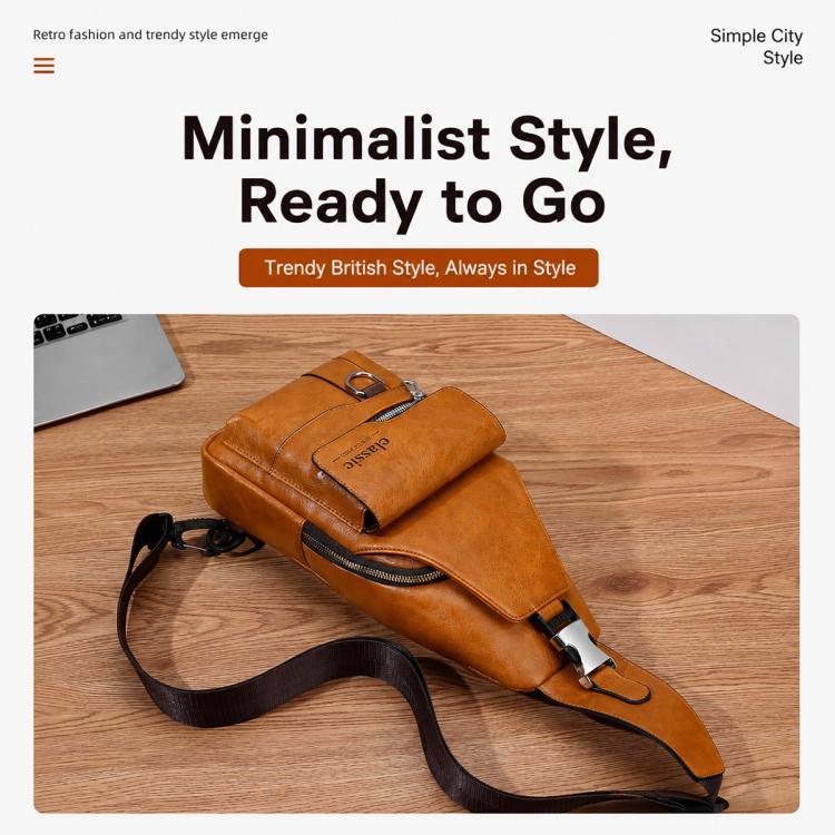 Tan PU leather crossbody sling bag with front zipper pocket and adjustable shoulder strap