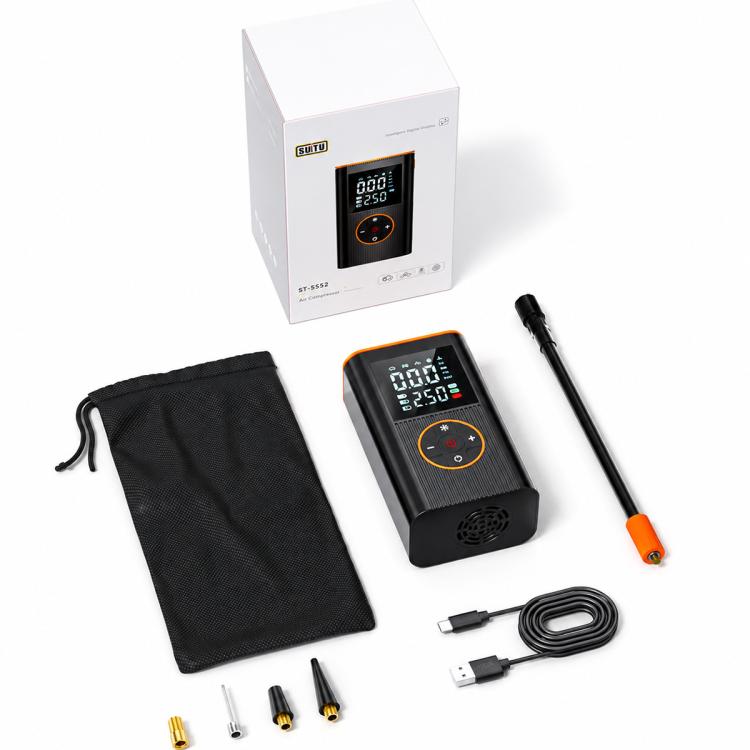 Electric tire inflator pump kit with carry bag, nozzles, USB cable, and hose