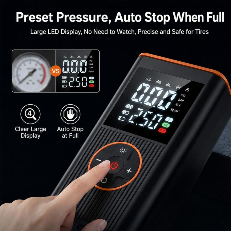 Handheld tire inflator pump with large LED digits display and power dial
