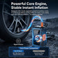 Cordless tire inflator with glowing core effect, orange top, and dual digital screen