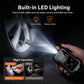 Portable tire inflator with built-in LED light, orange top, dual display on compact black body
