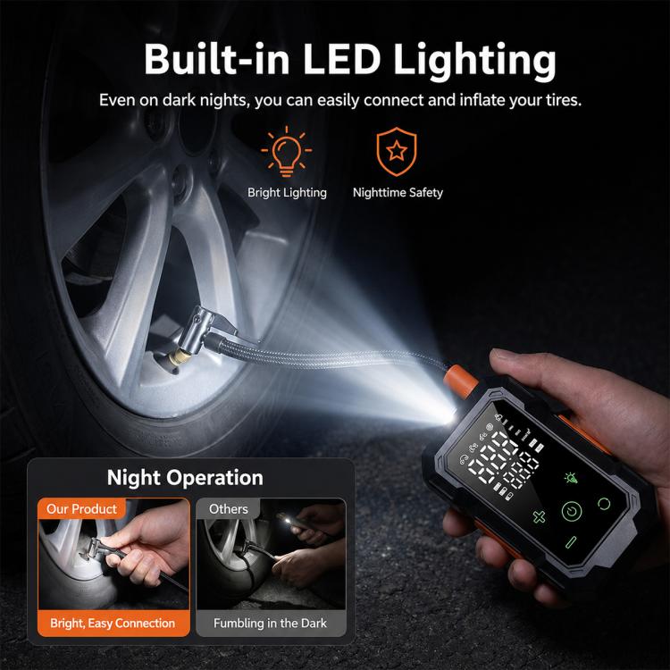 Portable tire inflator with built-in LED light, orange top, dual display on compact black body