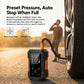 Wireless tire inflator with orange top, connected hose at a car tire, and dual LCD screen