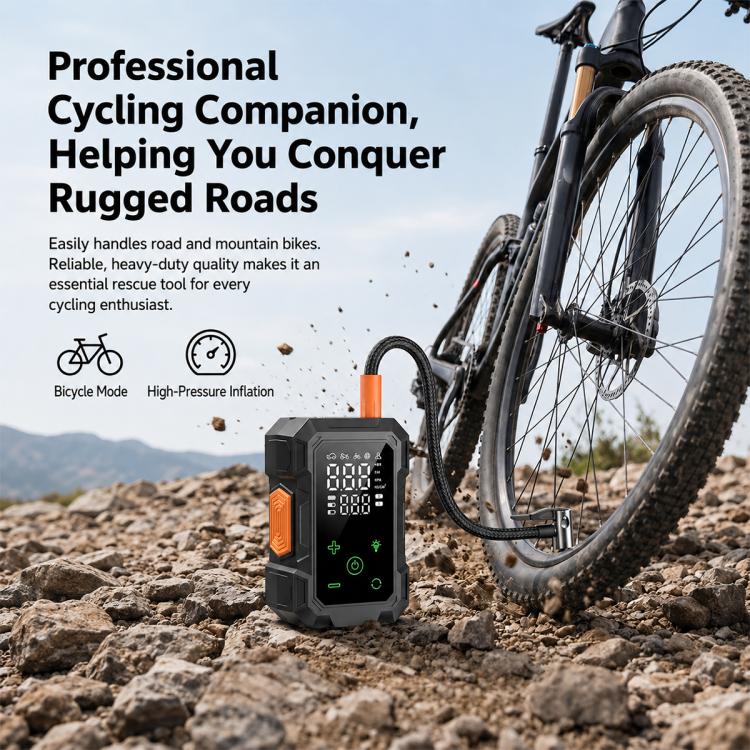 Portable air pump for bikes and tires, black unit with dual display, orange top, and hose