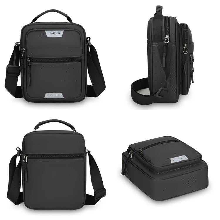 Men’s crossbody bag set views: front, back, side, and top with zipper compartments
