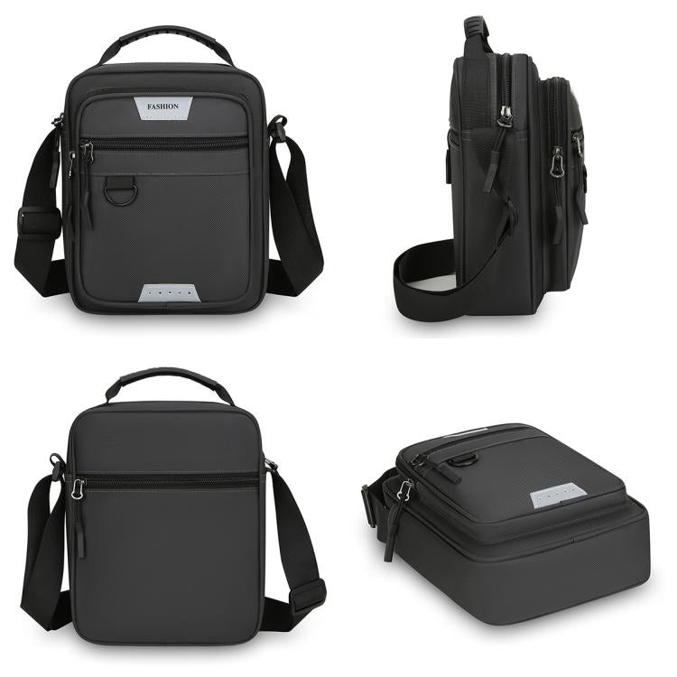 Men's black crossbody bag, front and side views with shoulder strap