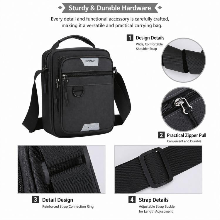 Men's black crossbody bag with sturdy hardware and wide adjustable shoulder strap