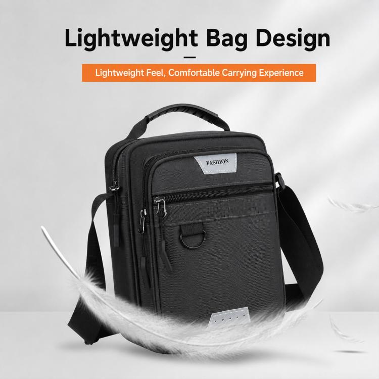 Men's black crossbody bag with front zipper and padded wide shoulder strap